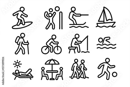 Outdoor leisure activities icon set in linear style on dark background
