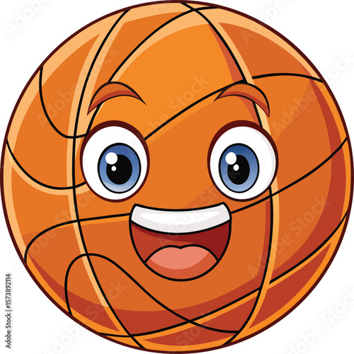 Bouncing kawaii basketball with cheerful face and motion lines, cartoon vector on white background
