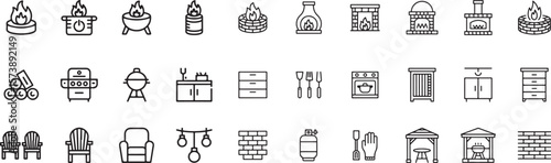 Backyard firepit outdoor features line icon set. Vector pictograms of kitchen, patio, fireplace, chiminea, pizza oven, firewood, propane tank, thin linear illustration