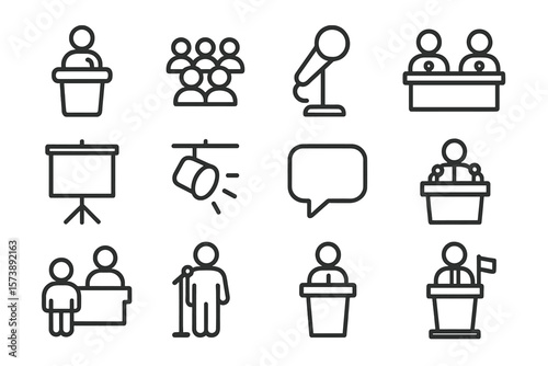 Outline icons for public speaking and conferences on dark background