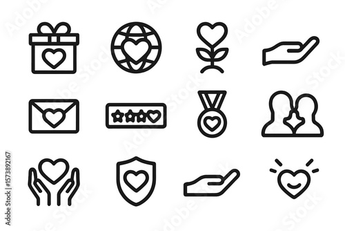Minimalist heart icons set featuring love, care, and support symbols
