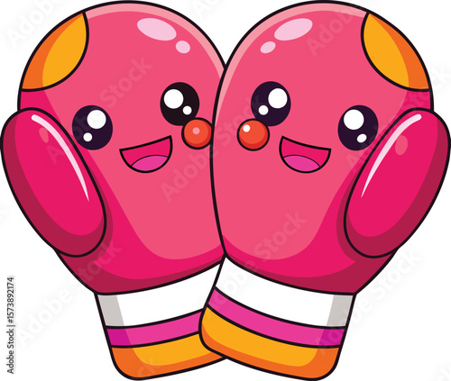 Kawaii boxing gloves with smiling faces and blush, cartoon fighting gear vector on white background