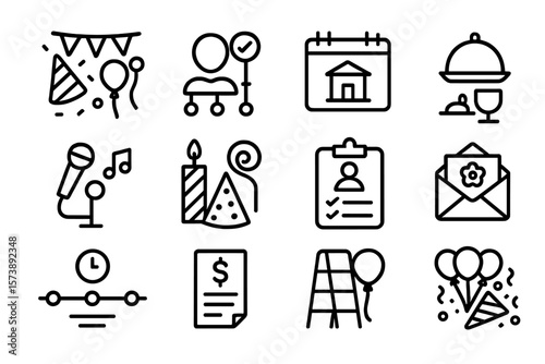 Minimalist party and event planning icons set in linear style