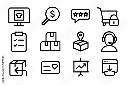 E-commerce icon set: linear shopping cart, delivery, customer support, payment