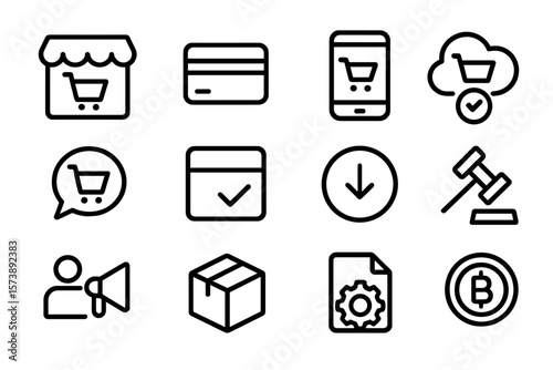 E-commerce icon set on dark background featuring shopping carts and payment methods