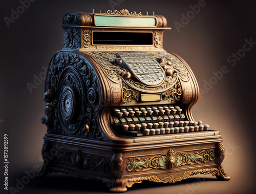 Vntage metal cash register isolated on dark back. Generative AI	