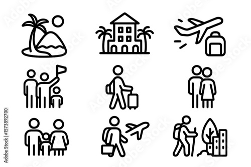 Minimalist travel icons: family vacation, hiking, airplane, hotel