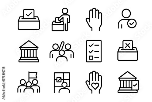 Election and voting icons set featuring voting boxes and symbols in line art style