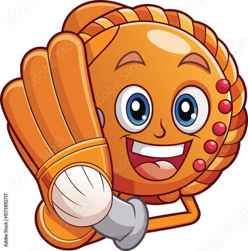 Kawaii baseball glove catching ball with happy face, cartoon sports vector on white background
