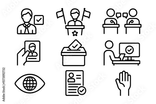 Political process icons: election, debate, and voting symbols