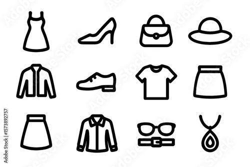 Fashion icons set: minimalist accessories and clothing in linear style