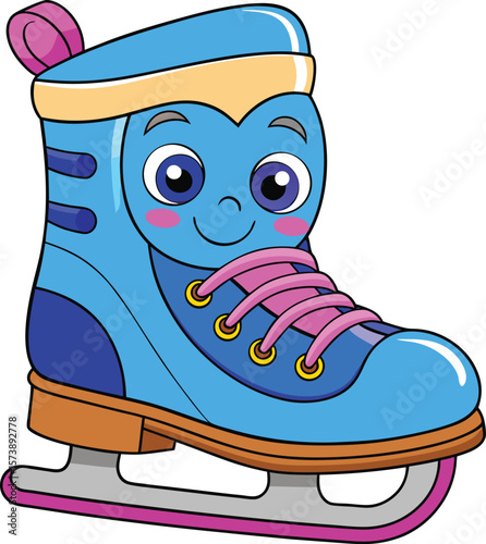 Smiling kawaii ice skate boot with cold breath, cartoon winter sport object on white background