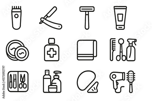 Barber grooming tools icon set: haircare and shaving essentials on dark background
