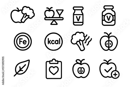 Healthy food icons set: minimalist line art nutrition symbols
