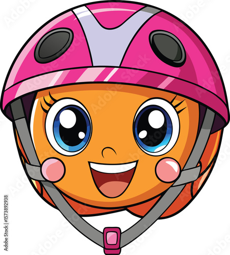 Smiling kawaii bicycle helmet with chin straps, cartoon sports gear vector on white background