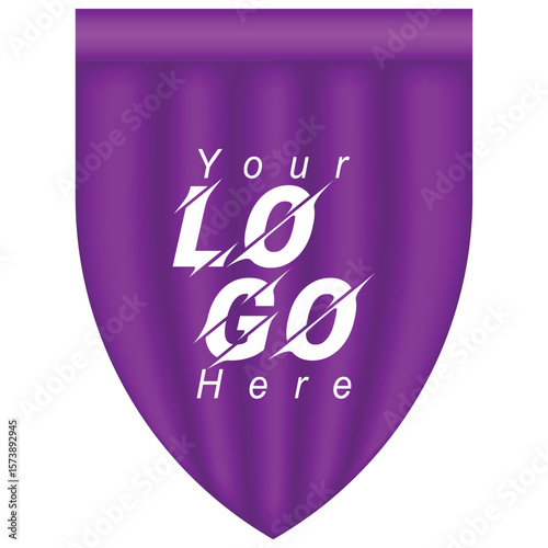 A purple shield graphic with text 