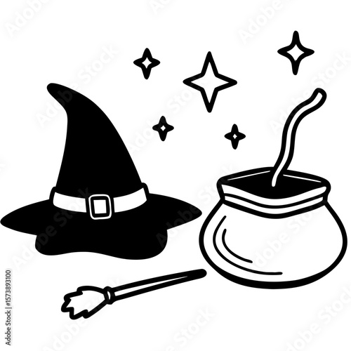 Witch hat, broomstick, cauldron, and spellbook line art – Halloween magic vector on transparent background