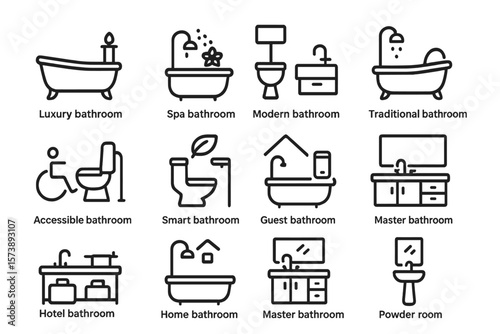 Bathroom icon set: modern linear designs for various styles and functions