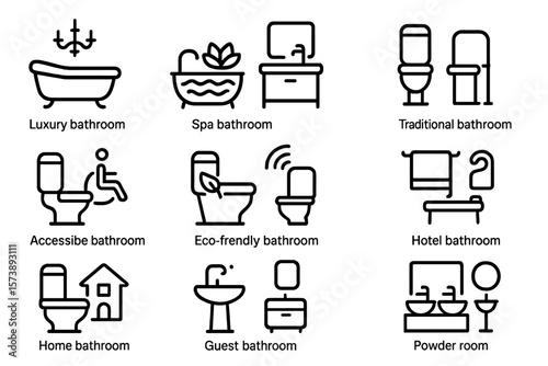 Modern bathroom line icons set with various styles and concepts