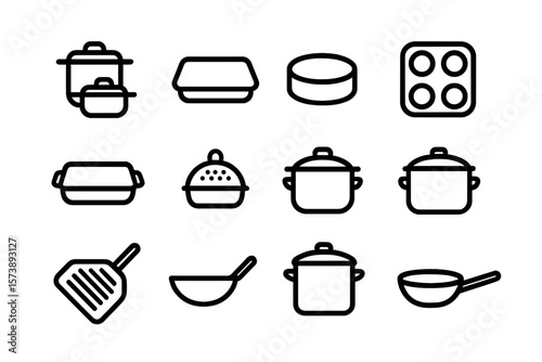 Collection of linear cooking utensil icons on dark background