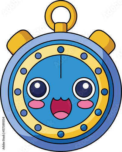  Kawaii stopwatch with ticking hands and happy face, cartoon timekeeper vector on white background