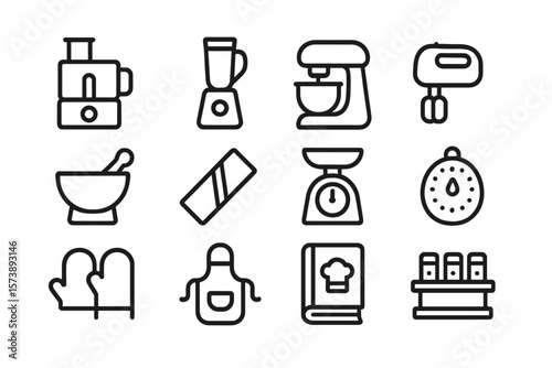 Minimalist kitchen appliance icons on dark background for modern design