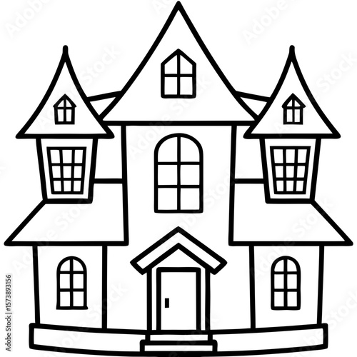 Haunted house line art icon – spooky Halloween building vector illustration on transparent background