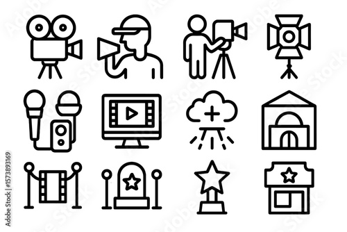 Entertainment industry outline icons on black background