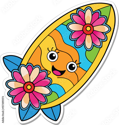 Kawaii surfboard with flower stickers and happy face, cartoon beach sport vector on white background