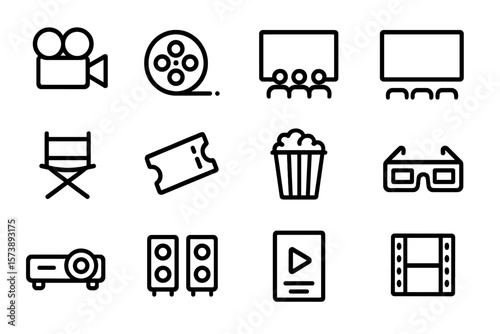 Cinema icons collection: film, director chair, projector, and 3d glasses