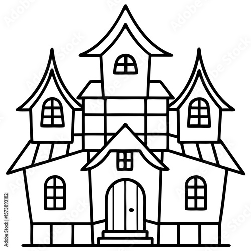 Haunted house line art – spooky Halloween building vector icon on transparent background illustration