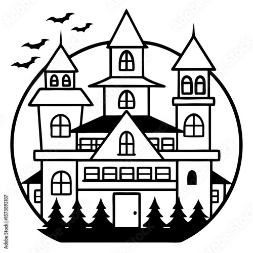 Spooky old mansion line art – haunted house with full moon and broken windows vector on transparent background