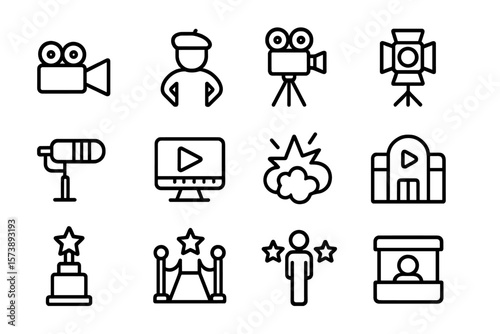 Minimalist cinematic icons: camera, film, director, and movie elements
