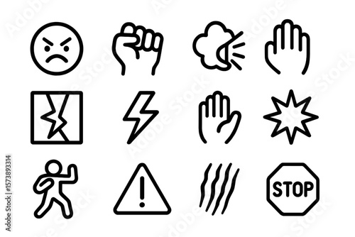 Mono line icons: anger, protest, violence, caution, and danger symbols
