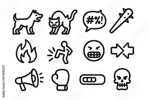 Dark themed icon set featuring animals, emotions, and objects in bold style