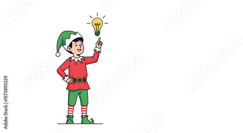 Creative elf with bright lightbulb symbolizing holiday innovation and new christmas ideas sparking inspiration