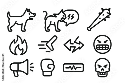 Bold black and white icons featuring dogs, weapons, and intense expressions