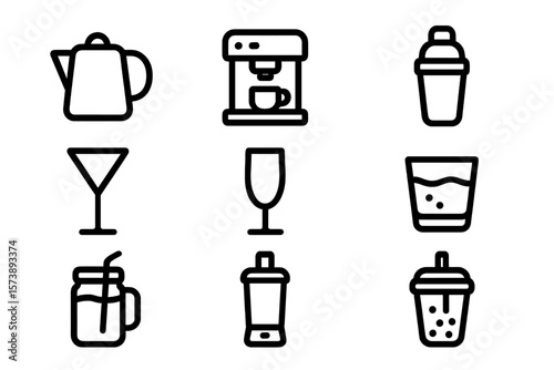 Minimalistic drink icons: coffee, tea, cocktails in outline