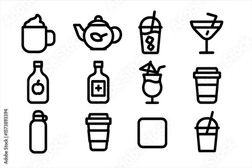 Minimalist drink icons: coffee, cocktail, tea, juice, beverage symbols in linear design