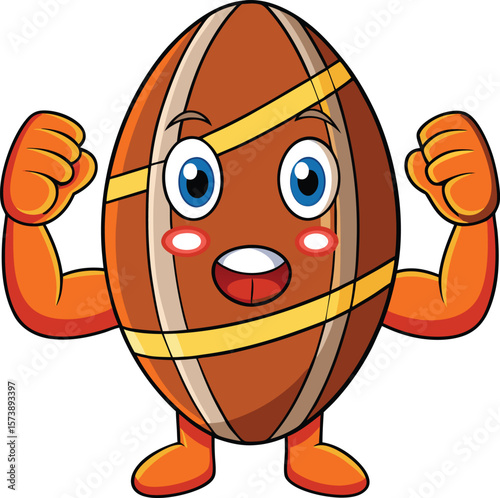 Running kawaii rugby ball with blushing face and arms, cartoon vector on white background