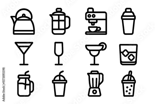 Linear icons of kitchen and bar utensils for beverage preparation
