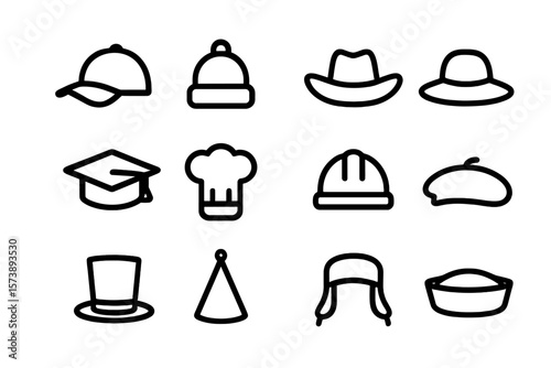 Set of hat icons: caps, beanies, helmets, and more in simple outline style