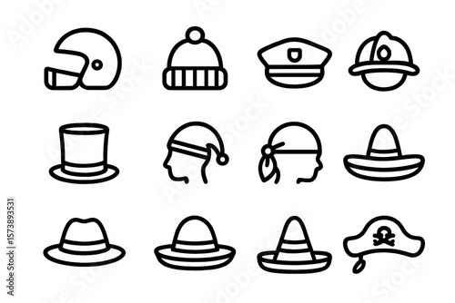 Outline icon set of diverse hats: helmets, caps, and more