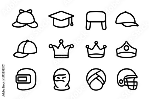 Minimalist black silhouette icons: hat and headwear collection