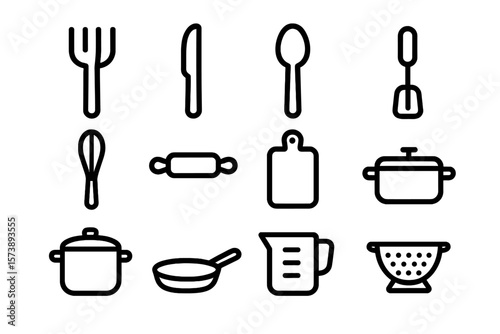 Black outline kitchen utensil icons on dark background