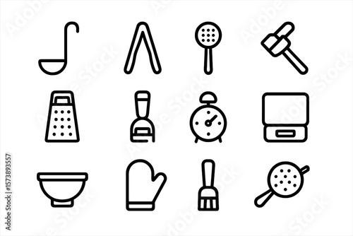 Black outline kitchen tool icons set on dark background