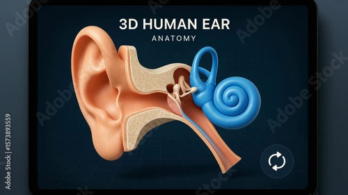 Detailed 3D illustration of the human ear anatomy, showcasing the external ear, ear canal, and inner structures. Perfect for educational purposes in biology and medical studies.