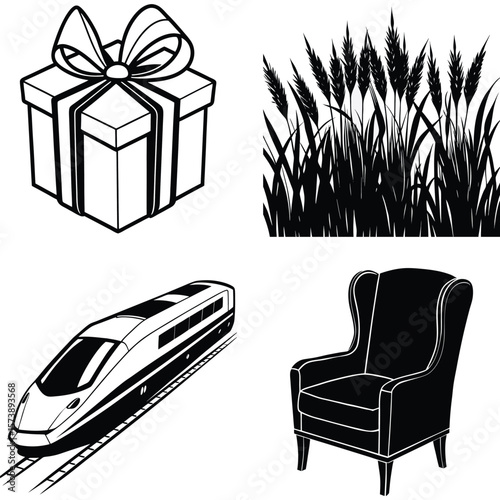 Vector art of a black and white illustration shows a gift box, wheat, a train, and a chair