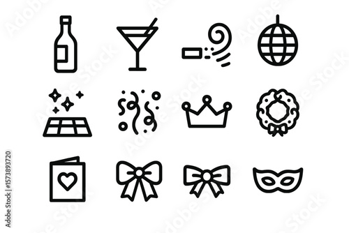 Seamless party icon set: drinks, music, dance, celebration in minimalist style