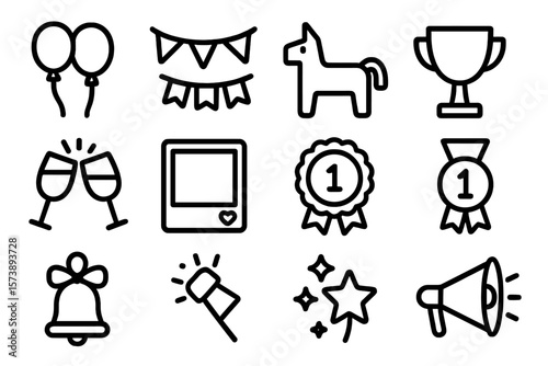 Celebration icons: festive outlines of party decorations and awards
